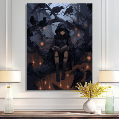 Young Witch With Black Crow On Tree Branch - Witches Wall Art Decor