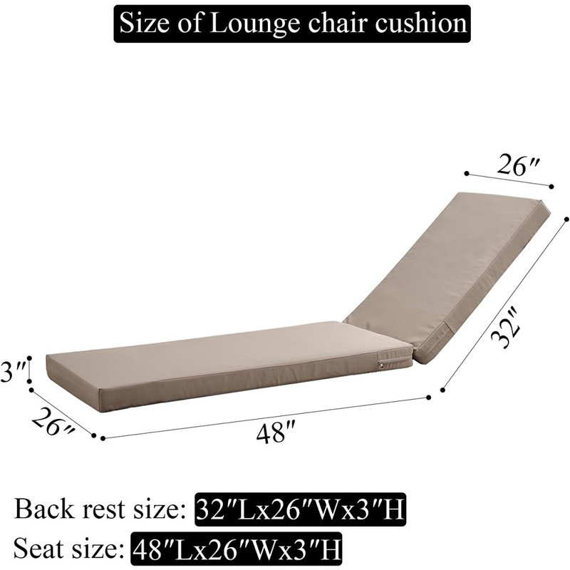 Outdoor Chaise Lounge Cushion Replacement, Waterproof Patio Poolside Lounge Chair Cushion, Khaki