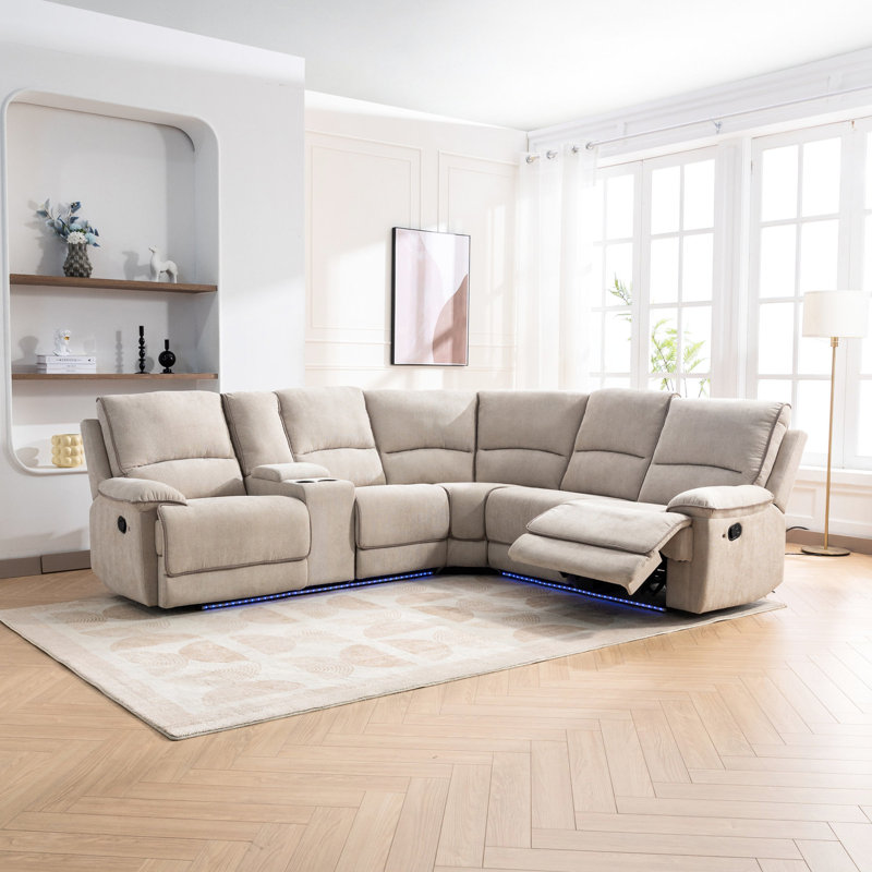 Mobilier de salon inclinable crème avec compartiment caché, porte-gobelets et compartiments à bandes à DEL, éclairage pour porte-boissons