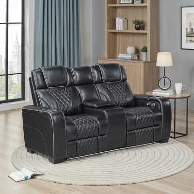 Barra 72" Modern & Contemporary Top Grain Leather Power Double Reclining Loveseat with Center Console, Power Headrests, Heat & Air Massage by Latitude Run