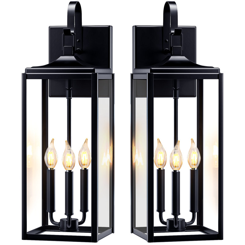 24" Extra Large Outdoor Wall Light 2 Packs, Black Exterior Lighting Fixtures Outdoor Porch Lantern Wall Mounted, Waterproof Modern Outside Wall Sconce, E12 3-light Coach Lamp For House Patio Garage
