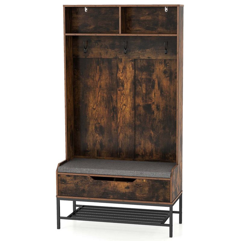 Ebern Designs Tall Hall Tree With Seat Cushion Open Compartments Hooks Lift-top Storage, Rustic Brown