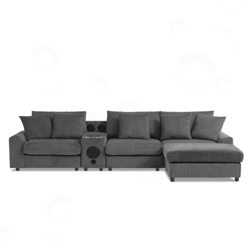 Canapé modulaire en L avec console 5 pièces Thalune, Velours côtelé gris foncé