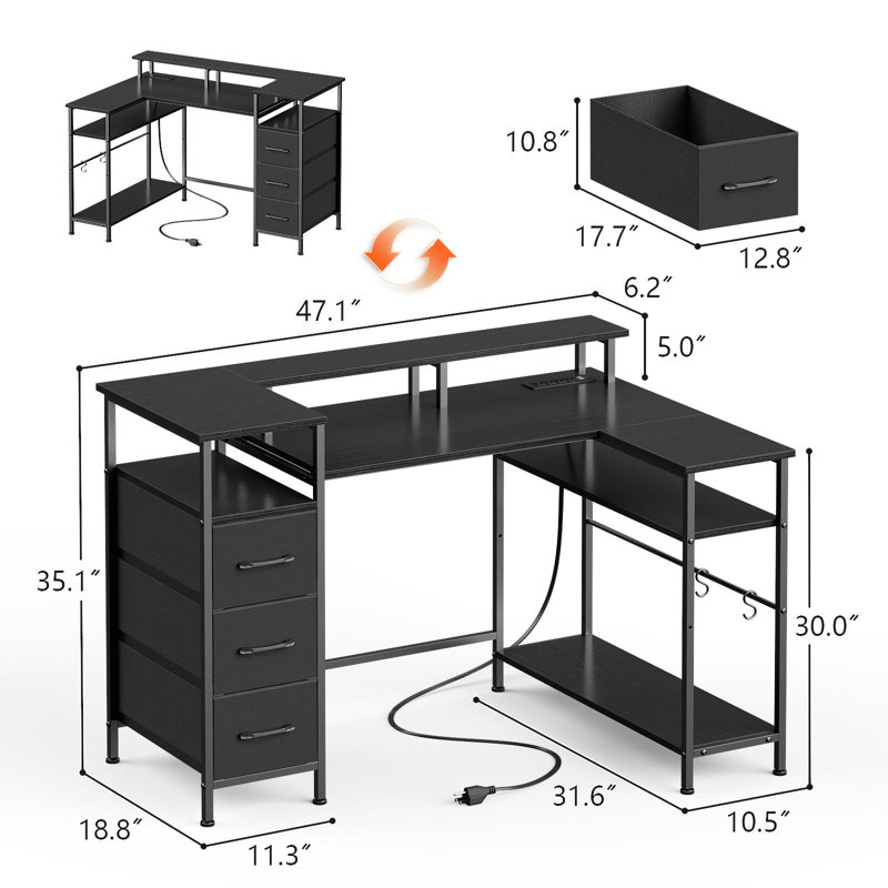 L-Shaped Gaming & Writing Desk with RGB LED Lights and Charging Ports, Home Office Corner Computer Desk, Movable Monitor Stand, Storage Shelves and 3 Fabric Cabinets