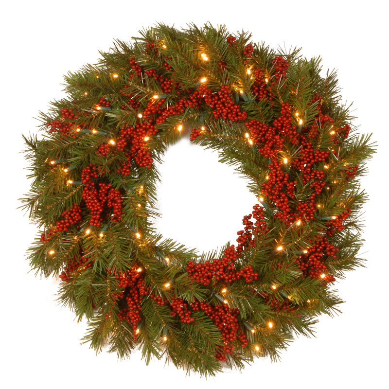 The Holiday Aisle® 24in. Valley Pine Wreath with Battery Operated Warm White LED Lights