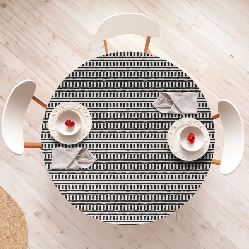 East Urban Home Tribal Fitted Round Tablecloth Charcoal Grey Eggshell, 64.17" Round