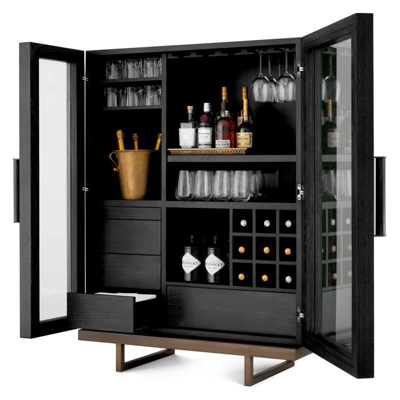 Connaught Solid Wood Bar Cabinet, Charcoal Oak/Bronze