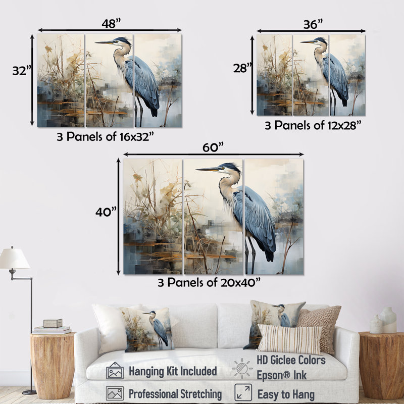 «Blue Great Heron In Miminal Harmony II - Heron Animal», reproduction d'art murale, H 28 po x l 36 po, Toile tendue