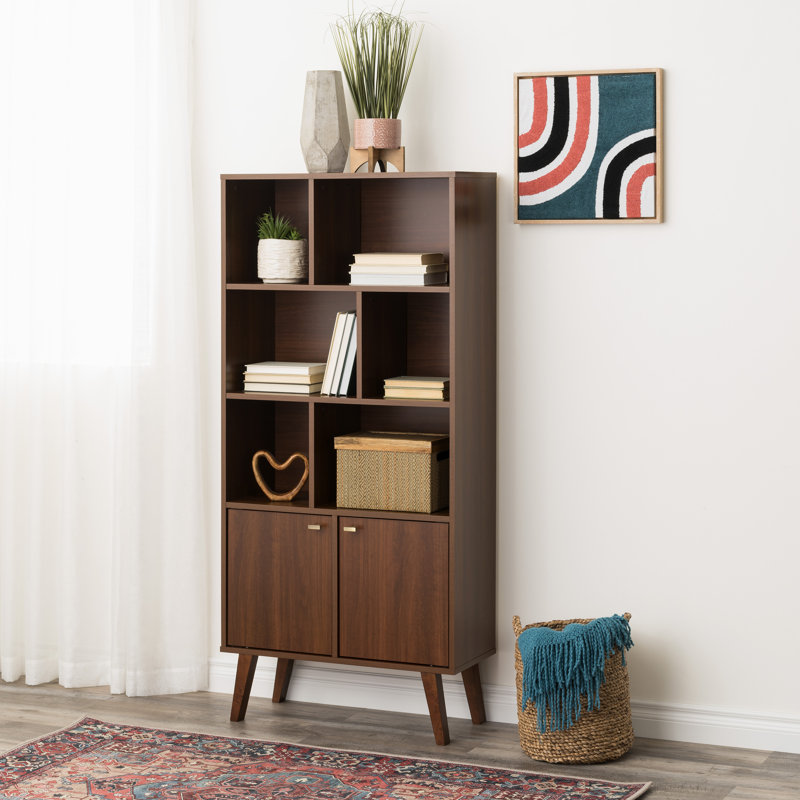 Breux Guthmar Mid-Century Modern Bookcase With Six Shelves And Two Doors, Black