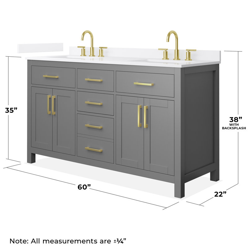 Beckett 60" Freestanding Double Bathroom Vanity with Quartz Top, Brushed Gold, White Quartz, Dark Gray