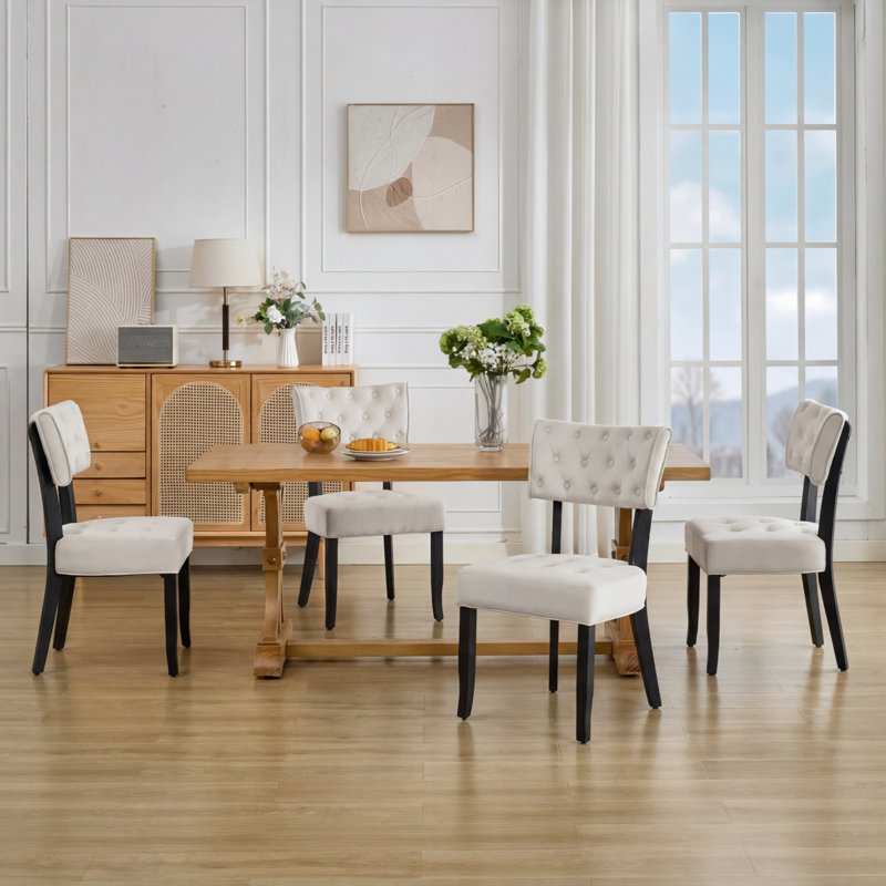 Chaises de salle à manger rembourrées Mid-Century avec structure en bois massif, Beige, Bois jaune clair