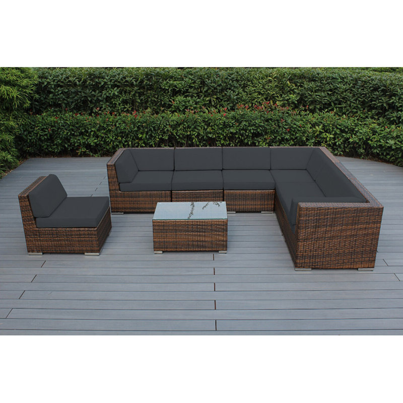 Ensemble de conversation en osier pour 7 personnes avec coussins Billyjo Wicker, Mélange de bruns, Charbon Sunbrella® toile