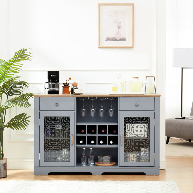 Buffet avec 2 tiroirs, support à vin et verre, armoires à portes séduisantes, pour la cuisine, bleu / chêne bleu chêne 4, rangement, salle à manger