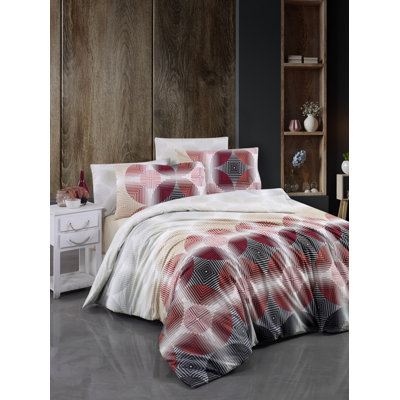 Premium Ranforce Cover Set, 100% Cotton, 94.5 x 86.6 inches | Includes 2 Pillowcases (23.6 x 23.6 inches) | Machine Washable, 145 Thread Count, Elegant Red, White, Beige & Black Design, Stylish & Durable