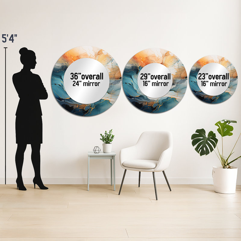 Teal Orange Bold Abstract Flow Collage II - Dams Wall Mirror, Modern Round Decorative Mirror, Printed Metal Art, 23" x 23"
