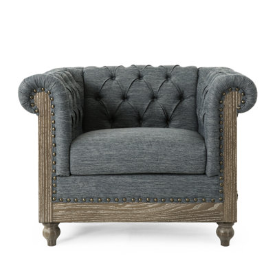 Gorgeous Club Chair Featuring Charcoal Fabric, Elaborate Button Tufting, Curved , Nailhead Trim, Birch Wood Leg Structure Impressive With Deep Coiled Arms, Details, , Legs