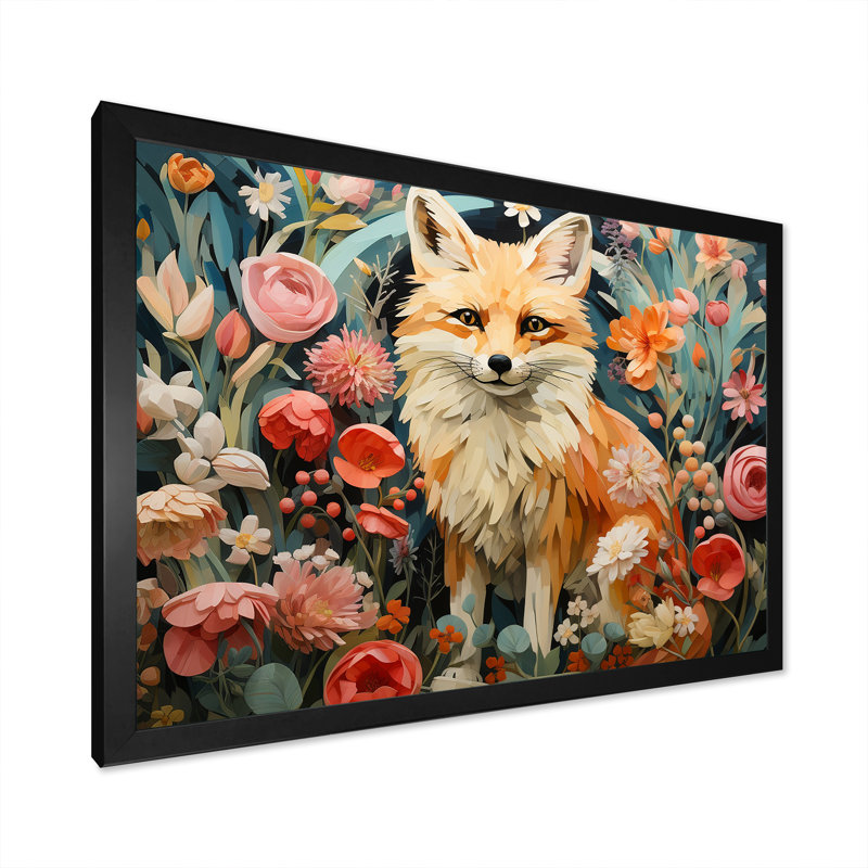 Art mural orange et rose renard dans le style III - renard, Cadre d'angle fermé noir, H 24 po x l 32 po x P 1 po