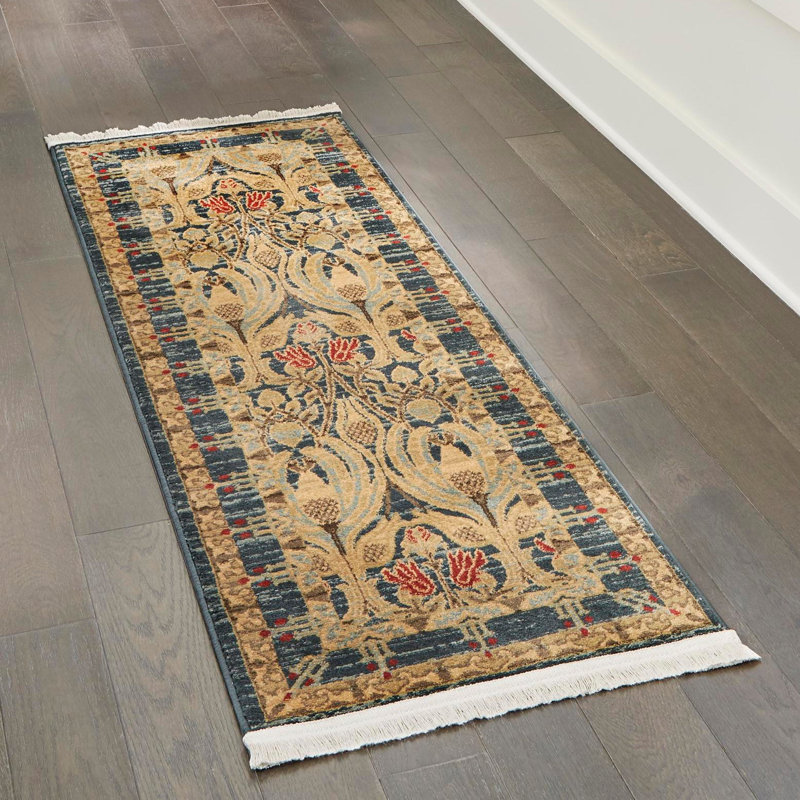 Tapis carré en polypropylène tissé à la machine en rouge / brun / bleu Akane, Tapis de couloir 2 pi 7 po x 12 pi