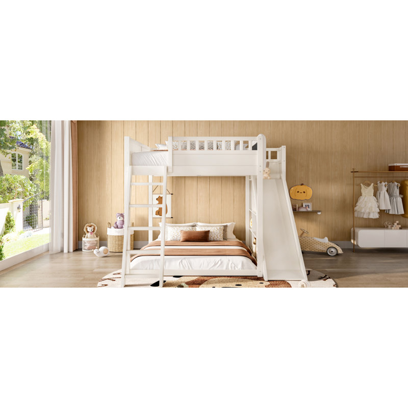 Lit mezzanine double avec tête de lit tapissier et tablettes de rangement, complet avec échelle et glissoire, beige, Beige