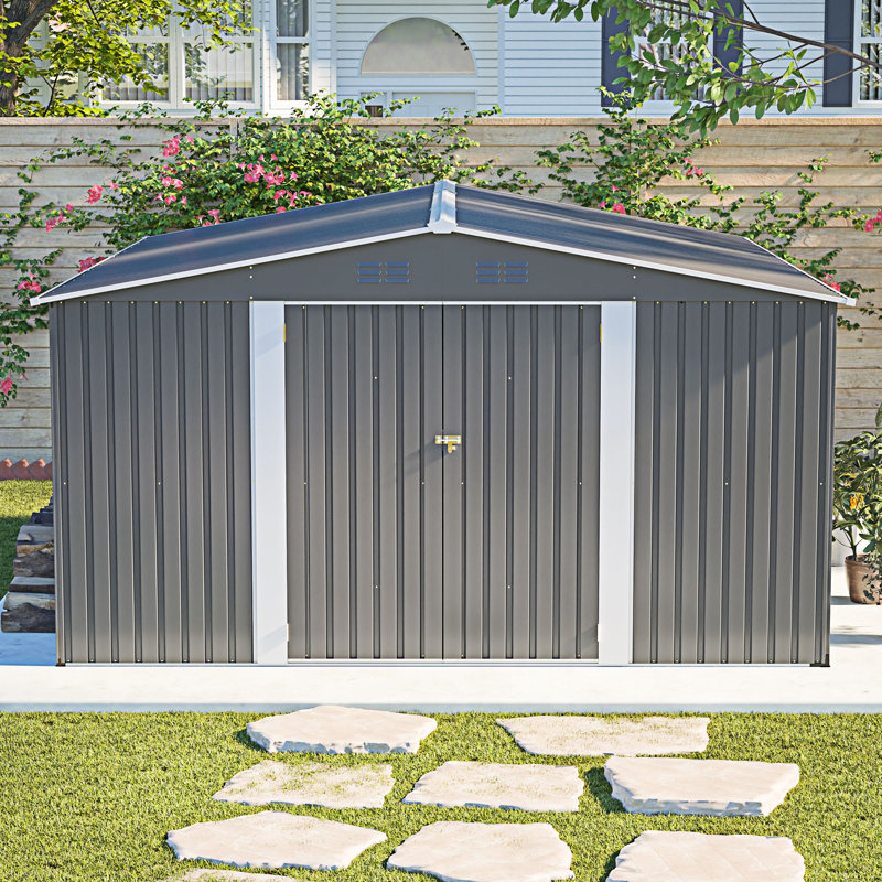 Remise de rangement extérieure avec portes doubles verrouillables, Gris, H 80,41 po x l 164,32 po x P 144,96 po