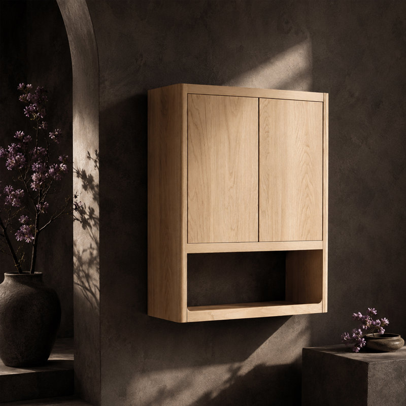 Armoire murale de buanderie l 24 po avec portes réglables et tablette ouverte VANIRror, chêne naturel