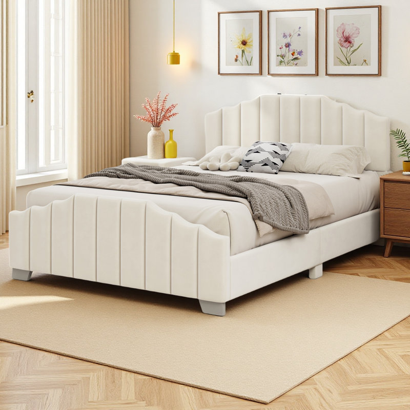 Tête de lit et pied de lit capitonnés en velours, avec sommier tapissier Velvet, Grand lit, Beige