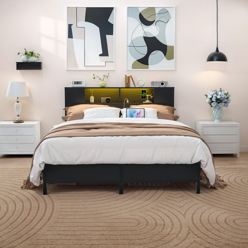 Kailynn Metal Bed Frame with Headboard, LED Lights and USB Ports, Large Storage Space, Queen, Black