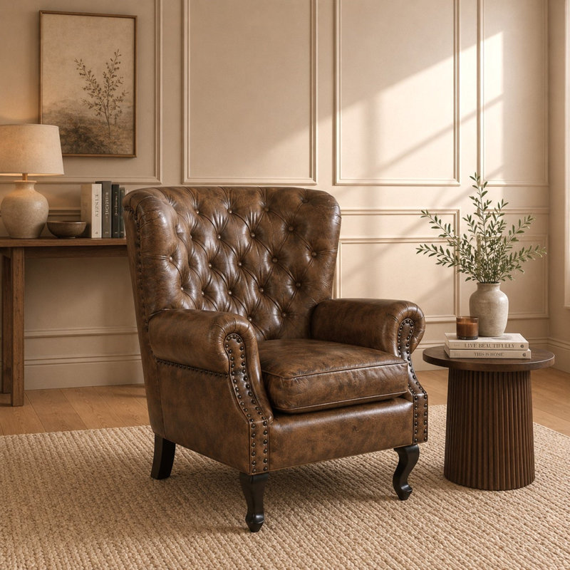 Genuine Leather Upholstered Armchair in Brown