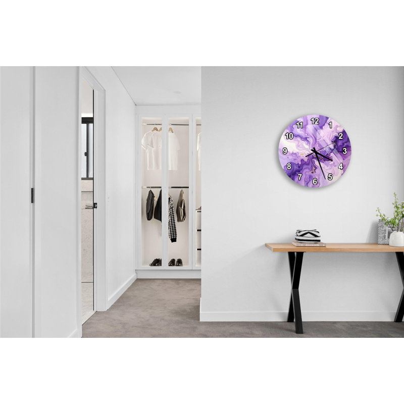 Horloge murale abstraite en verre trempé, horloge mauve, détails dorés, horloge décorative, décoration murale moderne, cadeau unique, horloge artistique