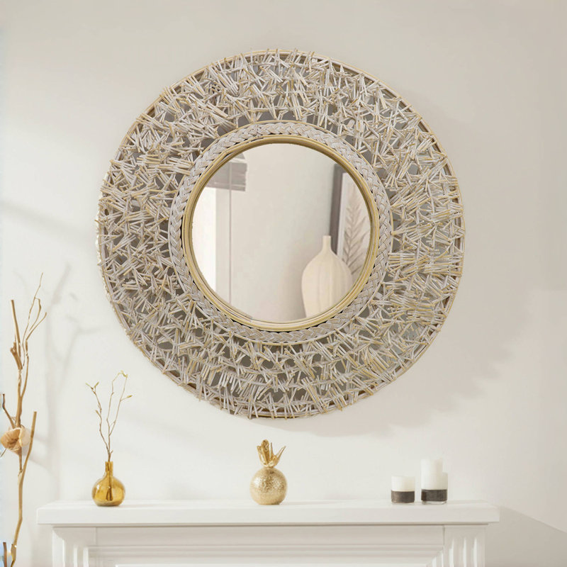 Miroir mural rond en rotin et bambou, 24 po x 24 po, Rond