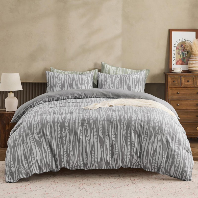 100% Cotton Yarn-Dyed Jacquard Duvet Floral Duvet Cover Set, King Duvet Cover + 2 King Pillowcases, Gray Branch