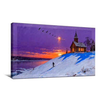 Christmas Winter Chapel Sunset Snow Skier Birds Sky Lake