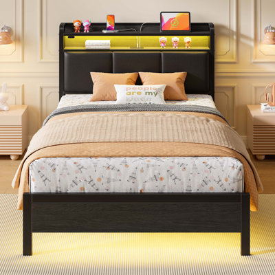 Modern Upholstered Platform Bed with Headboard, USB Charging Station & LED Lights