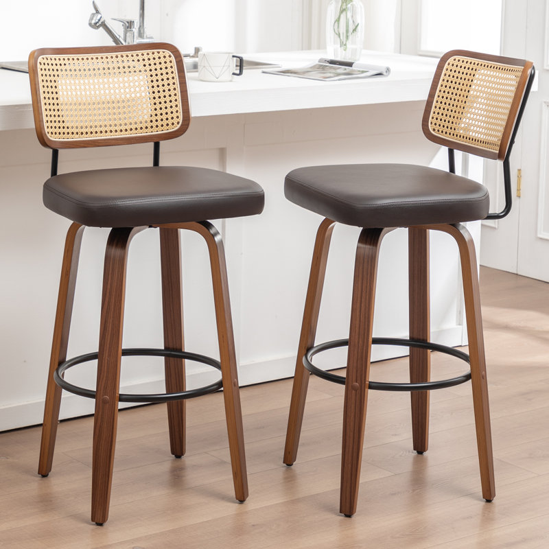 Cane Back Swivel Bar Stools with Faux Leather Seat, Bar Stool (30.7" Seat Height), Brown