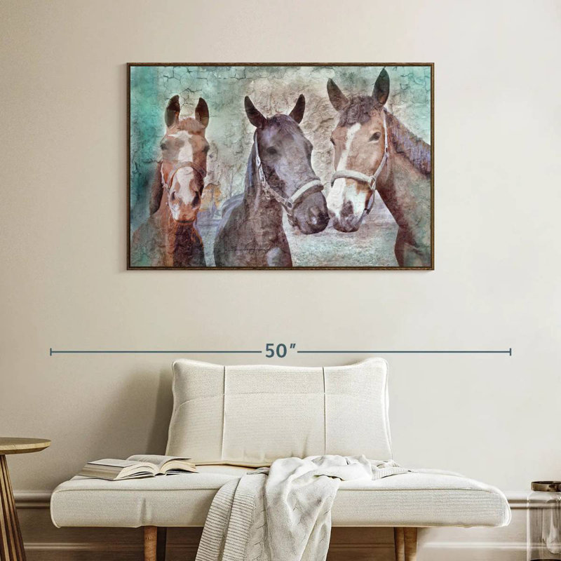 Trois chevaux voisins, Cadre flottant noyer, 40 po x 27 po