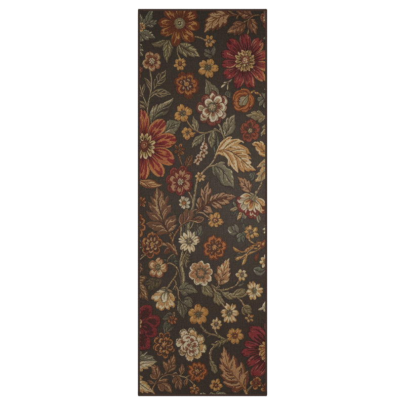Ammons Blossom Floral Machine Washable Brown / Green / Red Indoor Area Rug With Non-Slip Backing, Runner 2' x 6'