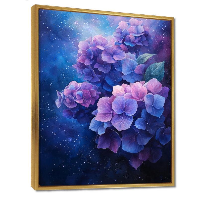 Hydrangea in Space - Hydrangea, reproduction d'art encadrée, Reproduction avec cadre flottant, H 20 po x l 12 po, Doré