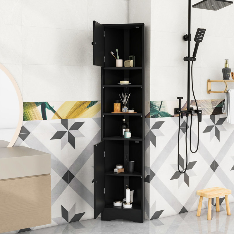 Armoire de rangement pour salle de bain avec tablettes de rangement réglables et deux portes, Noir, noir, noir, noir