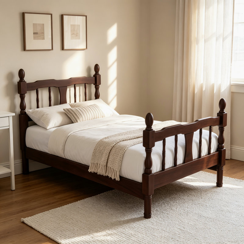 Cadre de lit plateforme en bois avec tête et pied de lit à fuseaux, Lit simple, Noyer foncé
