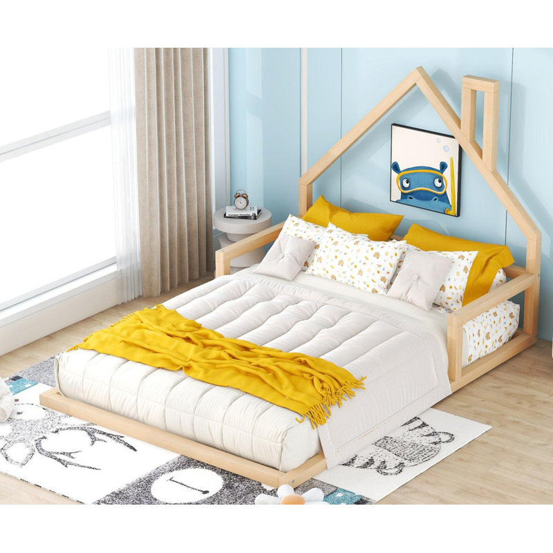 Lit double au sol en bois naturel, Lit double