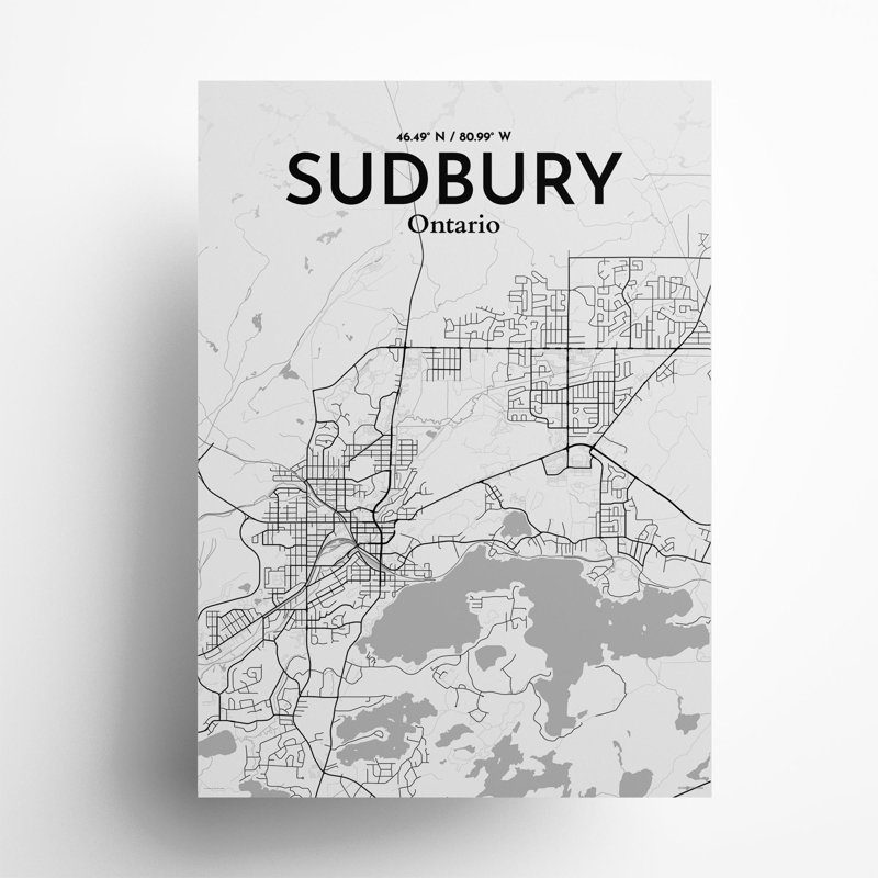 Sudbury City Map, impression, H 27,6 po x l 19,7 po, Gris / blanc