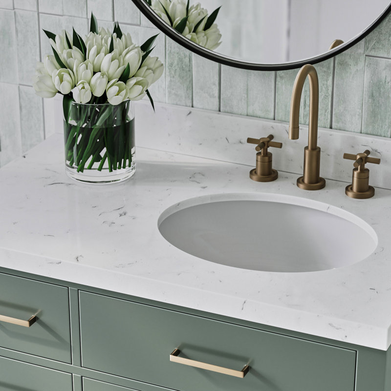 Meuble-lavabo simple en bois massif 36 po Tidworth avec plateau en quartz Carrara de 1,5 po, Oui, Ovale, Vert rétro