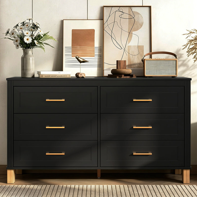 Heavy-Duty Wooden 6-Drawer Double Dresser, Black