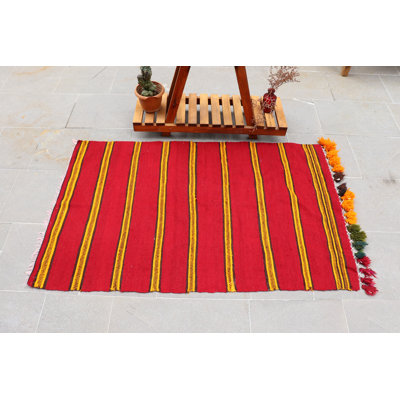 Handmade Vintage Turkish Kilim Rug in Red - Ideal for Wall Hanging or Kitchen Decor