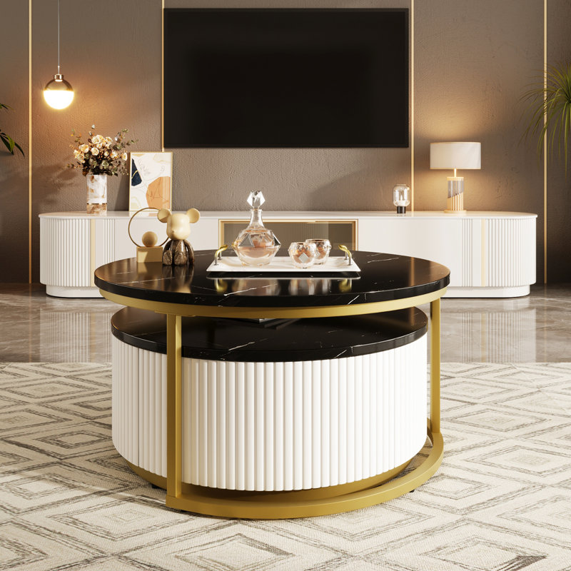 Élégante table basse gigogne noire et dorée avec tiroir - Texture cannelée, élégance moderne, Noir