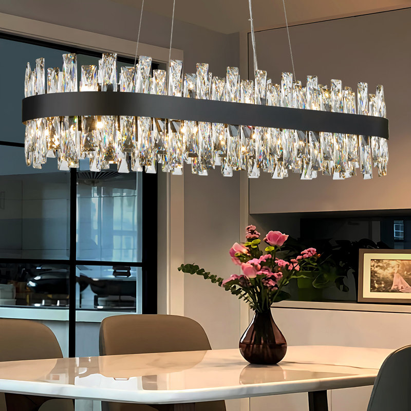 Light Dimmable Square / Rectangle Crystal Chandelier, Matte Black, 9.8" H x 35.4" W x 11.8" D
