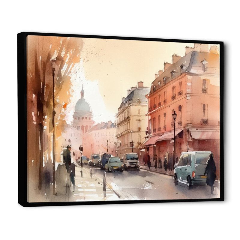 Aquarelle de Paris, France III - impression, H 12 po x l 20 po x P 1 po, Cadre flottant noir