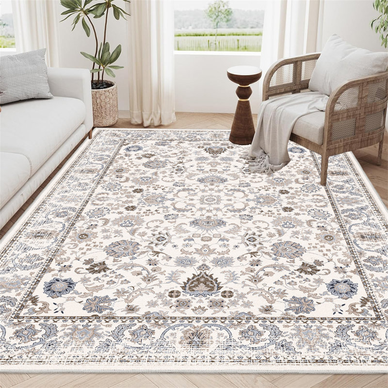 Area Rug 8X10 Vintage Bohemia Non-Slip Washable Rug For Living Room Kitchen Bedroom Living Room Flower Design Light Khaki/Beige