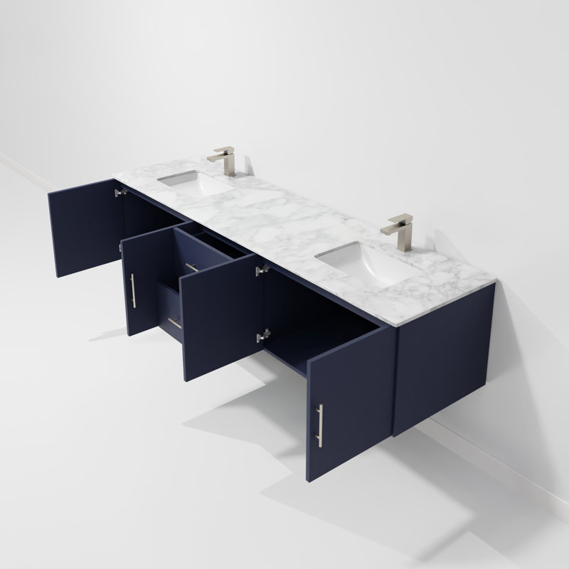 Geneva 80" Wall-Mounted Double Bathroom Vanity Set, Navy Blue, White Carrara Marble