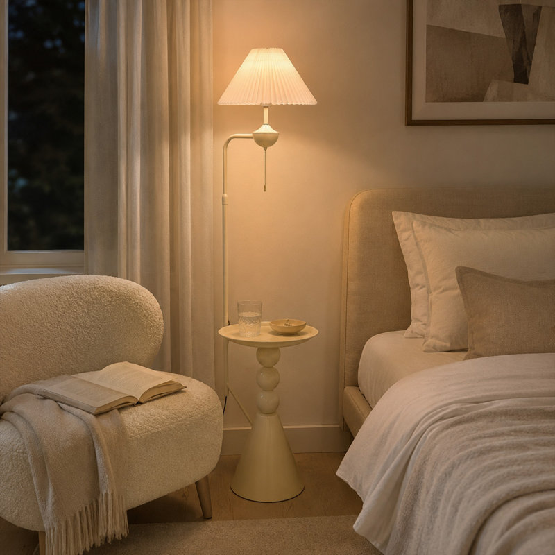 70" Cream Floor Lamp with Side Table, Adjustable Height, Bulb Include, Rotating Light Arm